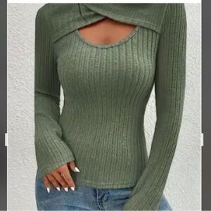 Olive Green Ribbed Wrap top long sleeve shirt size medium NWOT SHEIN